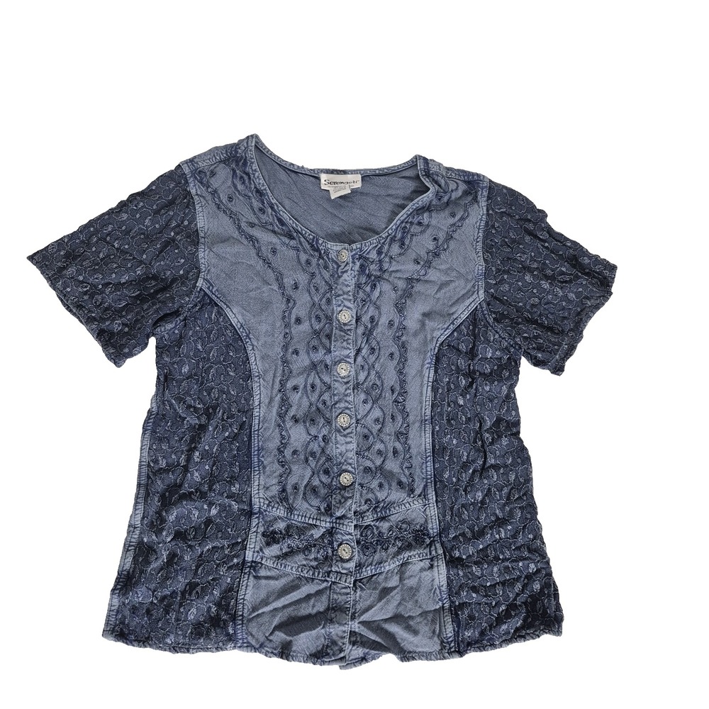 Serengeti Blouse Womens M‎ Blue Embroidered Button Up short Sleeve Boho Hippie